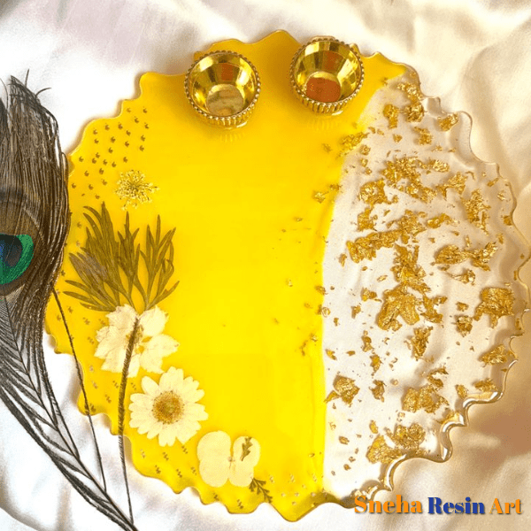 Resin Platter Real Flower with roli chawal katori