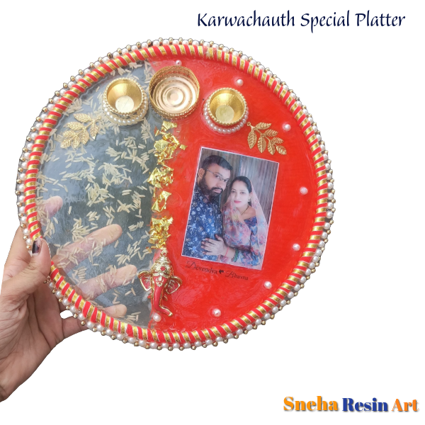 Resin Karwachauth Platter with roli chawal katori